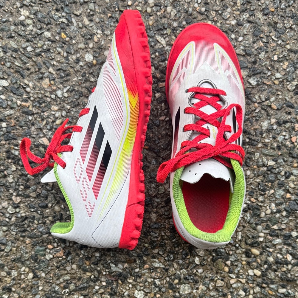 Popular Kids Adidas F50 turf shoes White and Red Athletic with Green Accent
